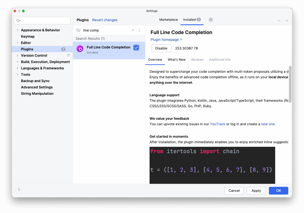 IntelliJ Plugins tab with "Full Line Code Completion" plugin information shown.