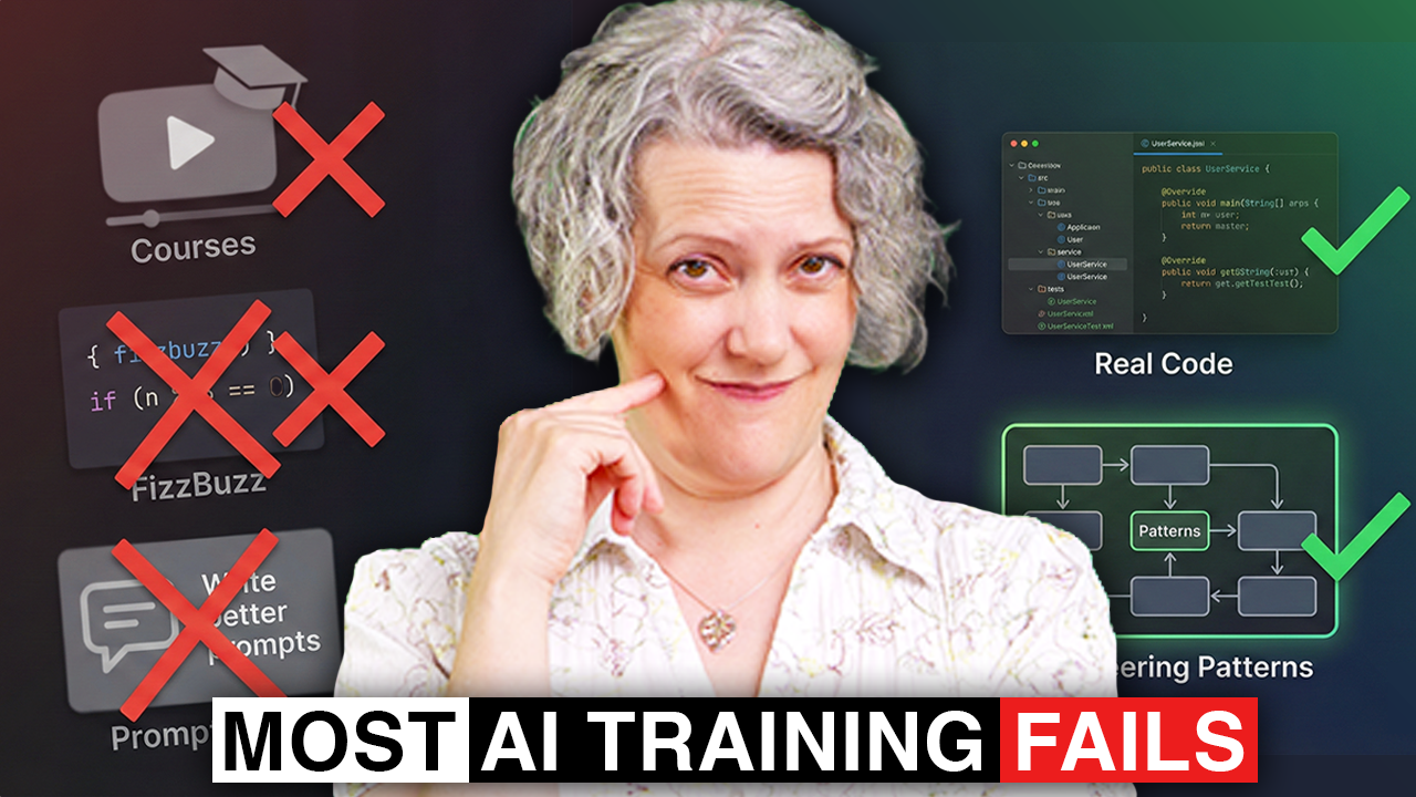 Most AI Training Fails. Emily Bache looking worried. Various things crossed out and others with ticks on.