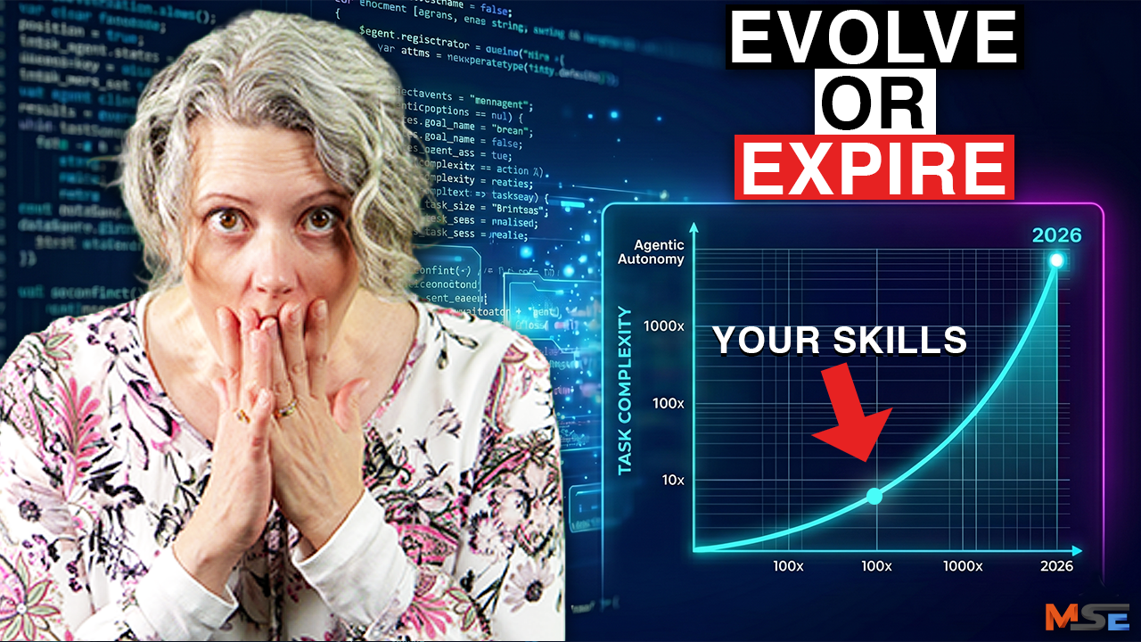 Evolve or expire, arrow on exponential rising graph with 'your skills'. Emily Bache looking shocked