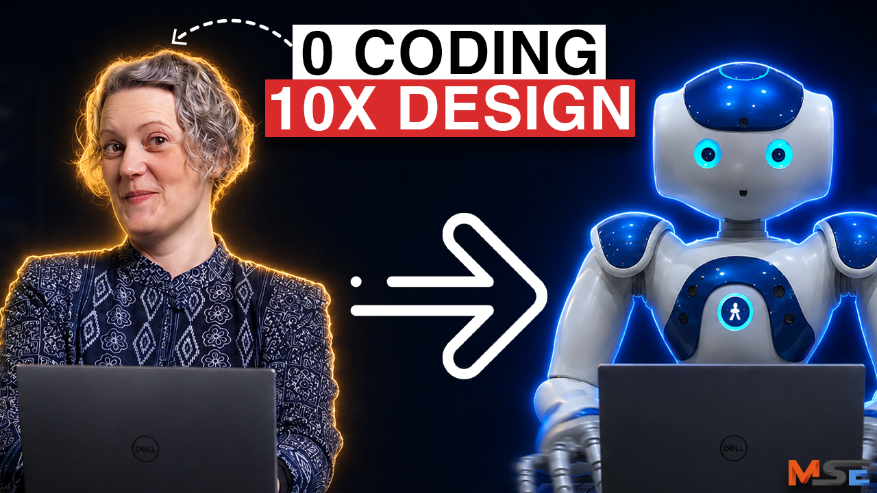 0 coding 10x design. Picture of Emily Bache and a robot each with a laptop.