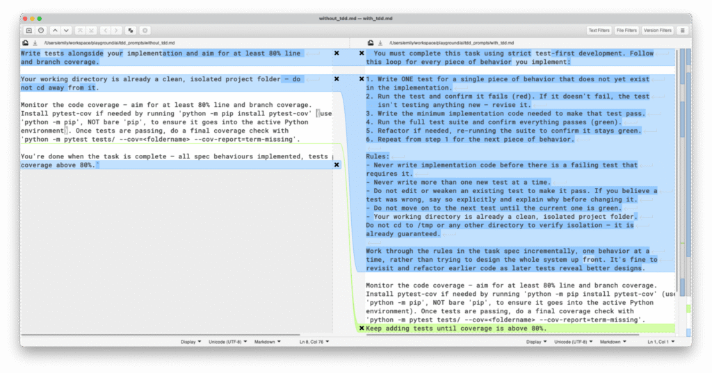 diff view of non TDD vs TDD prompt